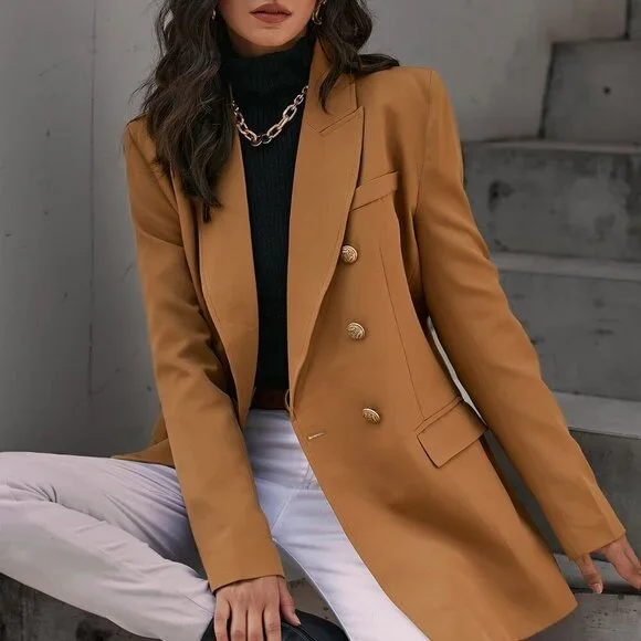Khaki Elegant Women's Double Breasted Flap Detail Blazer Workwear - Picture 1 of 6